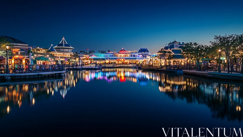 Lakeside entertainment district glows under deep blue dusk