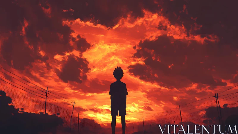 Silhouetted boy contemplates a blazing red-orange sunset sky.