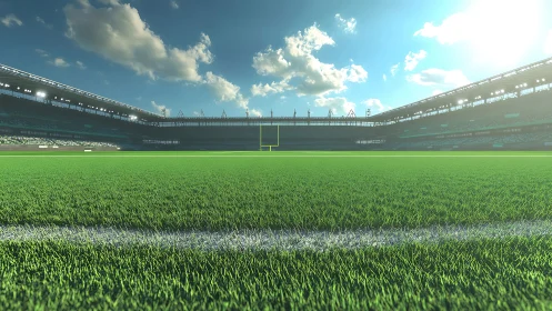 Wide-angle view shows empty football field under daylight