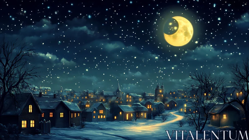 Moonlit winter village under a dreamy star-scattered sky.