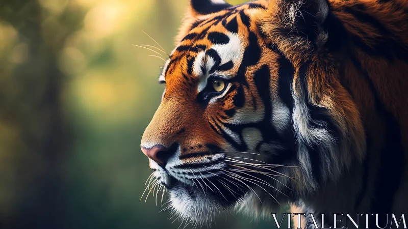 Photorealistic tiger profile with shallow depth and moody bokeh
