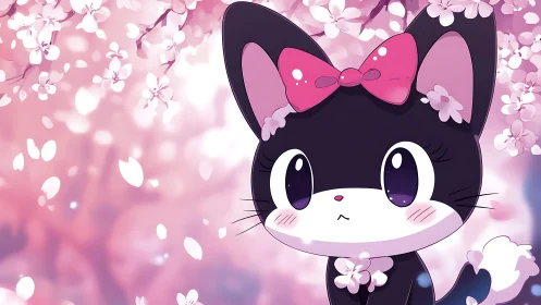Kawaii black kitten gazes through pastel cherry blossoms.