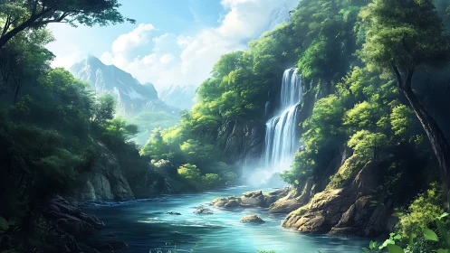 Sunlit waterfall carves a secret blue river through emerald cliffs