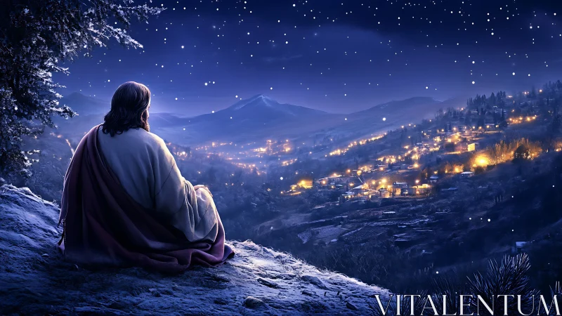 Solitary robed figure contemplates a starlit winter valley.