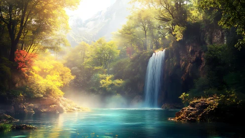 Sunlit forest waterfall over turquoise mountain pool.