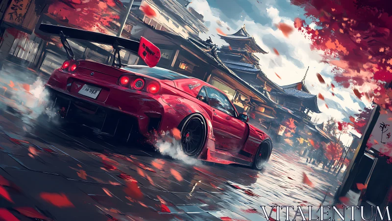 Red modified sports car on wet street near Japanese temple.