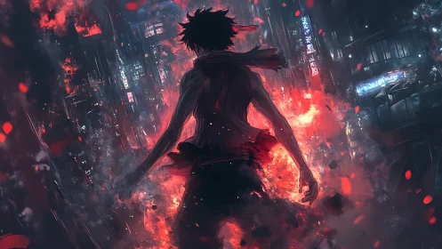 Backlit figure stands in burning alley amid neon cityscape