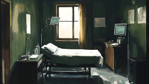 Sunlit patient bed in moody green hospital hideaway.