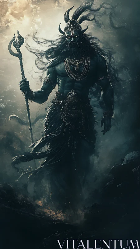 Mythic horned war deity strides through storm-lit smoke field