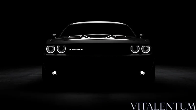 Front view of black performance car in dark studio.