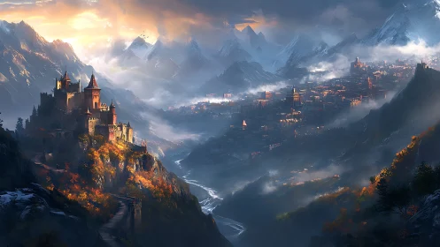 Mountain stronghold overlooking illuminated valley city at dusk