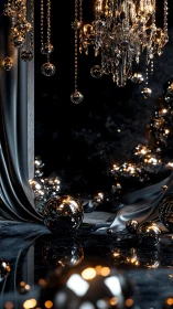 Chromed spheres and chandelier define a high-contrast noir interior