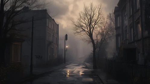 Quiet wet street at dusk with bare trees and foggy sky.