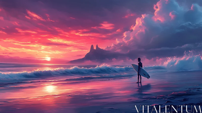 Surfer silhouetted against hyper-saturated sunset seascape