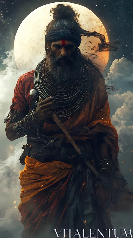 Bearded warrior monk stands before full moon in clouds