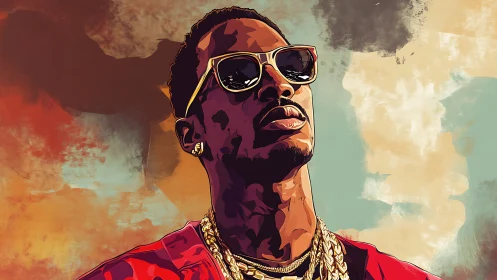 Digital portrait of confident man with sunglasses and chains.