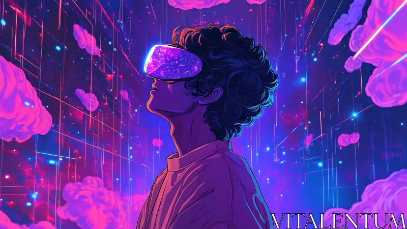 Curly haired teen in VR visor within neon holographic cloudspace