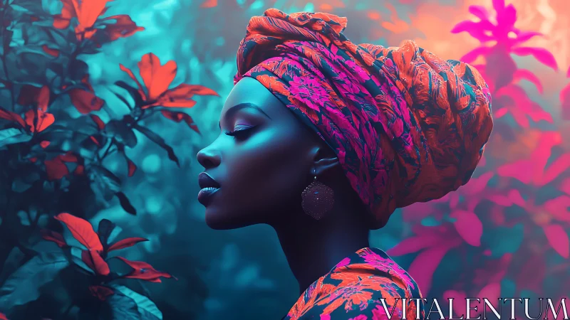 Vibrant profile portrait in neon tropical foliage glow.