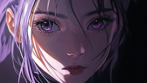 Close-up portrait shows stylized girl with violet eyes