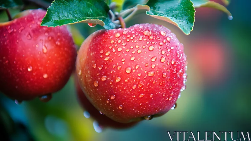 Dew kissed red apples glowing softly on a fresh green branch.