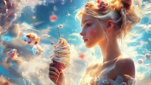 Daydreaming dessert goddess crowns the sky with ice cream