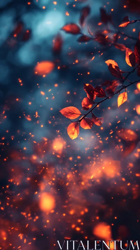 Autumn foliage with luminescent particle dispersion and atmospheric bokeh rendering.