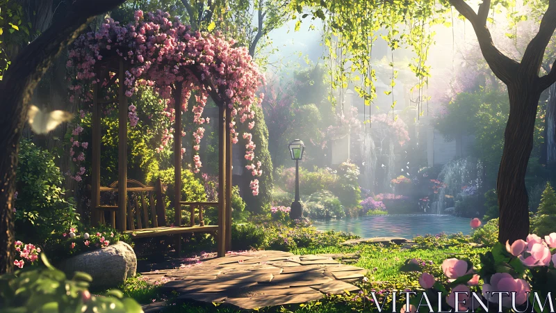 Blossom-draped garden bench beside a dream-bright waterfall pond.