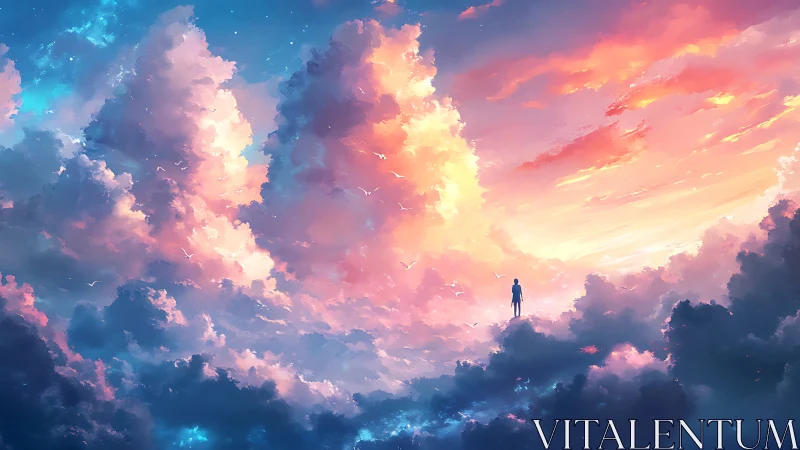 Solitary human figure stands among volumetric sunset clouds