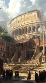 Sunlit Roman colosseum thrums with gathering crowds.