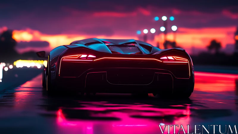 Sleek neon supercar glowing on a rain kissed night highway.