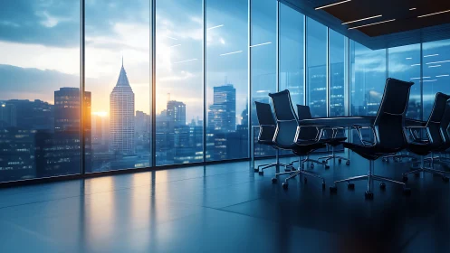 Modern Executive Conference Room with Sunrise City Skyline View.
