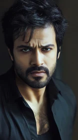 Intense bearded man under soft directional studio lighting.