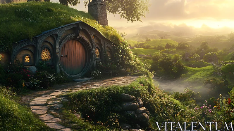 Hillside hobbit dwelling with golden-lit pastoral valley.