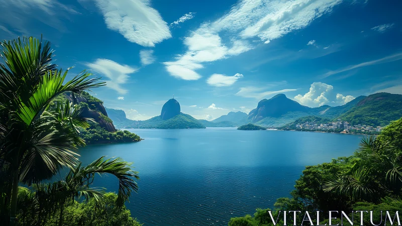 Tropical Lake Surrounded by Volcanic Peaks and Lush Vegetation