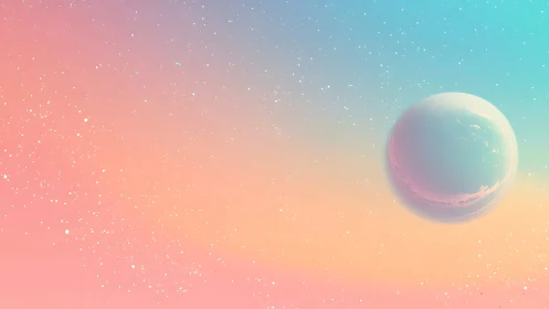 Dreamy pastel planet drifting through a soft cosmic sky.