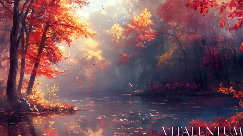 Autumn forest river landscape with red and yellow foliage.