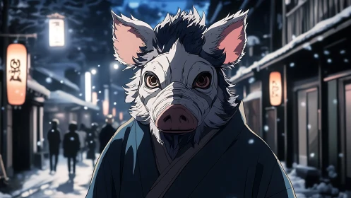 Anthropomorphic boar warrior in snowy Japanese night street