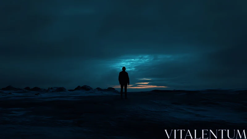 Solitary figure contemplates a moody dawn over frozen land