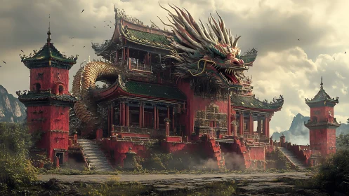 Dragon-headed red temple complex dominates mountainous landscape