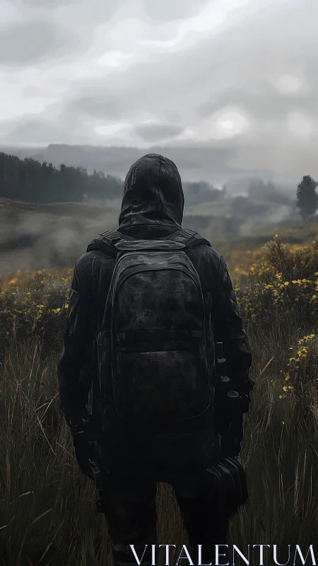 Lone wanderer surveys misty field under heavy gray sky.