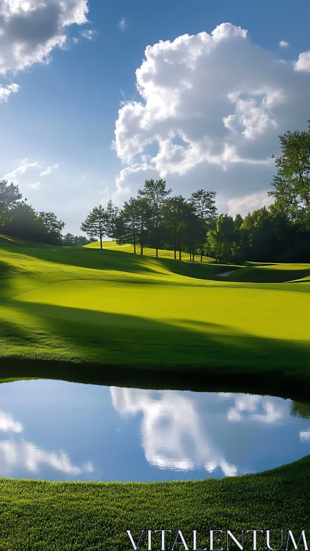 Sunlit golf fairway with reflective water hazard geometry.