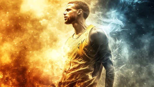 Digital portrait of basketball player in fiery and icy light.
