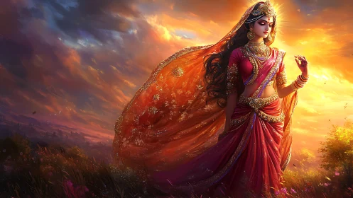 Divine woman in ornate saree strides through incandescent dusk sky