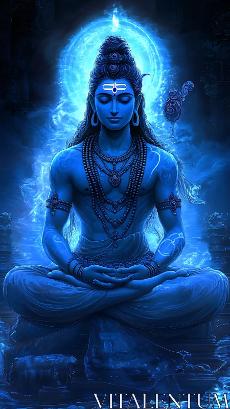 Blue meditative deity seated before radiant halo.