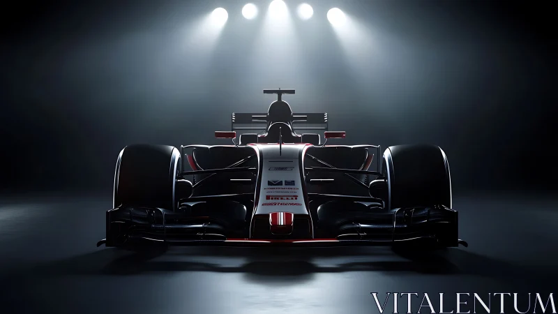 Front-lit Formula race car rendered in dramatic studio lighting