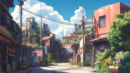 Urban backstreet with low-rise buildings and foliage.