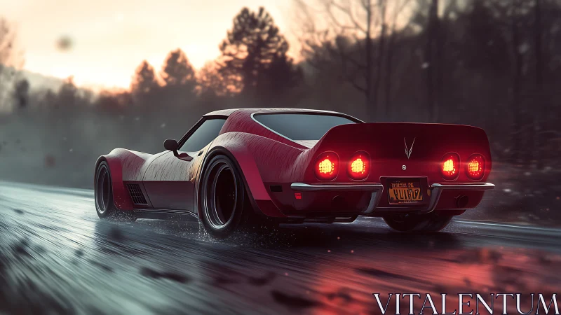 Red classic sports car on wet forest highway at dusk.