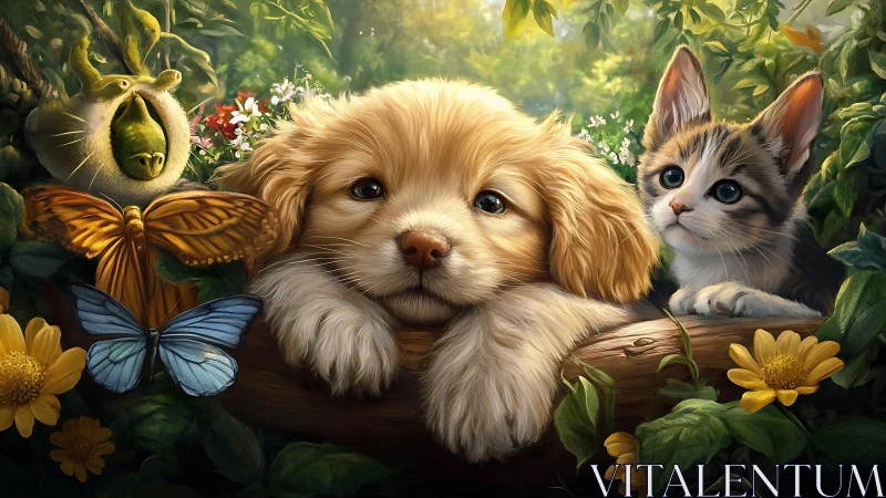 Digital rendering depicts domesticated canine and feline animals positioned in vegetation setting.