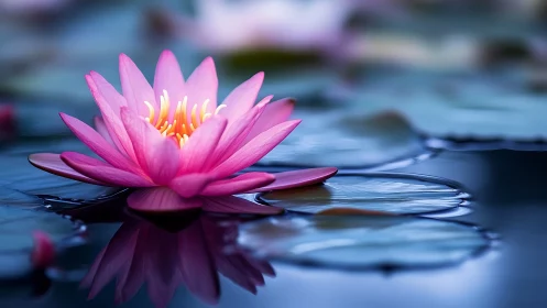 Cerulean pond cradles luminous pink water lily in silence.