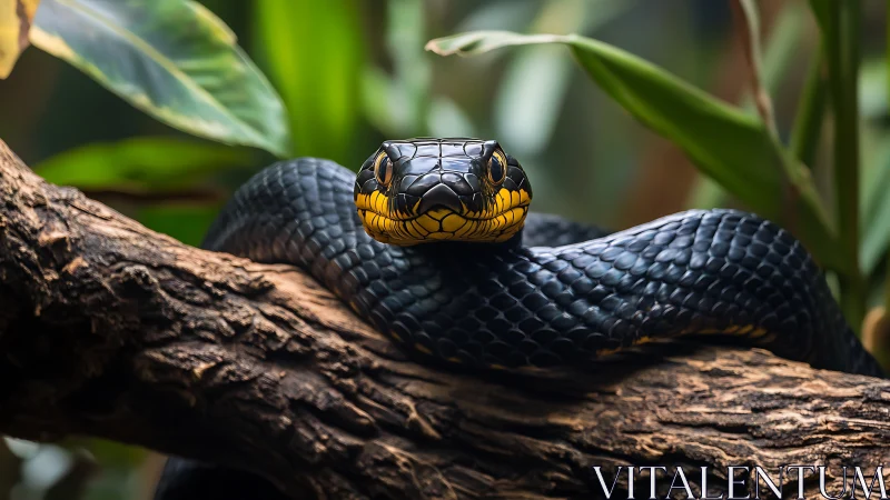 Black snake rests coiled on textured branch in lush habitat
